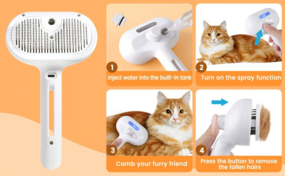 Grzebień do pielęgnacji zwierząt ze spryskiwaczem – szczotka 2 w 1 do usuwania i stylizacji sierści ze zbiornikiem na wodę i przyciskiem zwalniającym