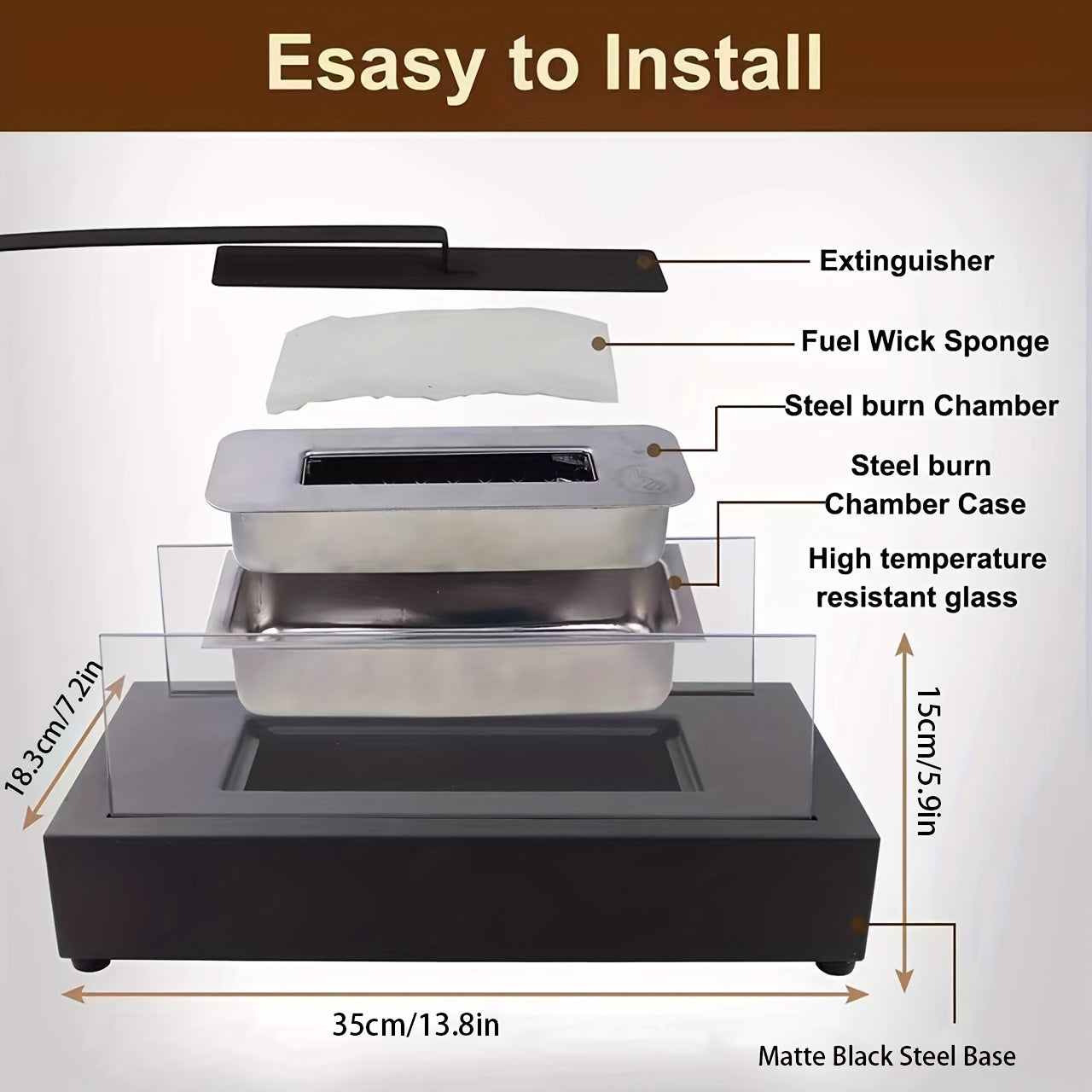 Prostokątny kominek na alkohol do użytku wewnątrz i na zewnątrz