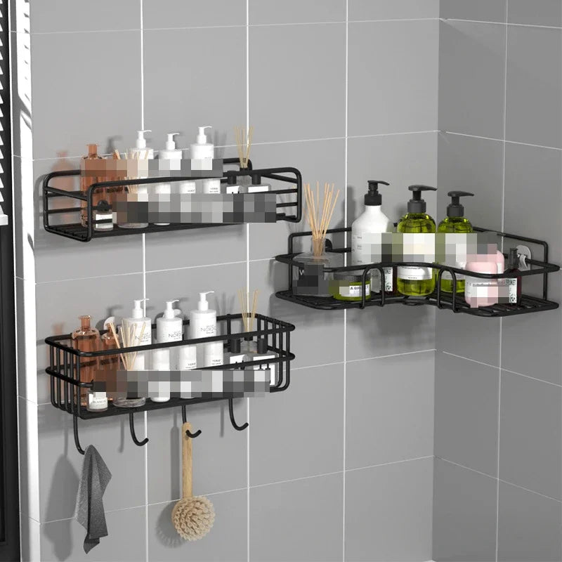 Półka łazienkowa bez wiercenia, montowana na ścianie, narożna, półka do przechowywania, materiał ze stali węglowej, koszyk na odpływ prysznica, organizer łazienkowy