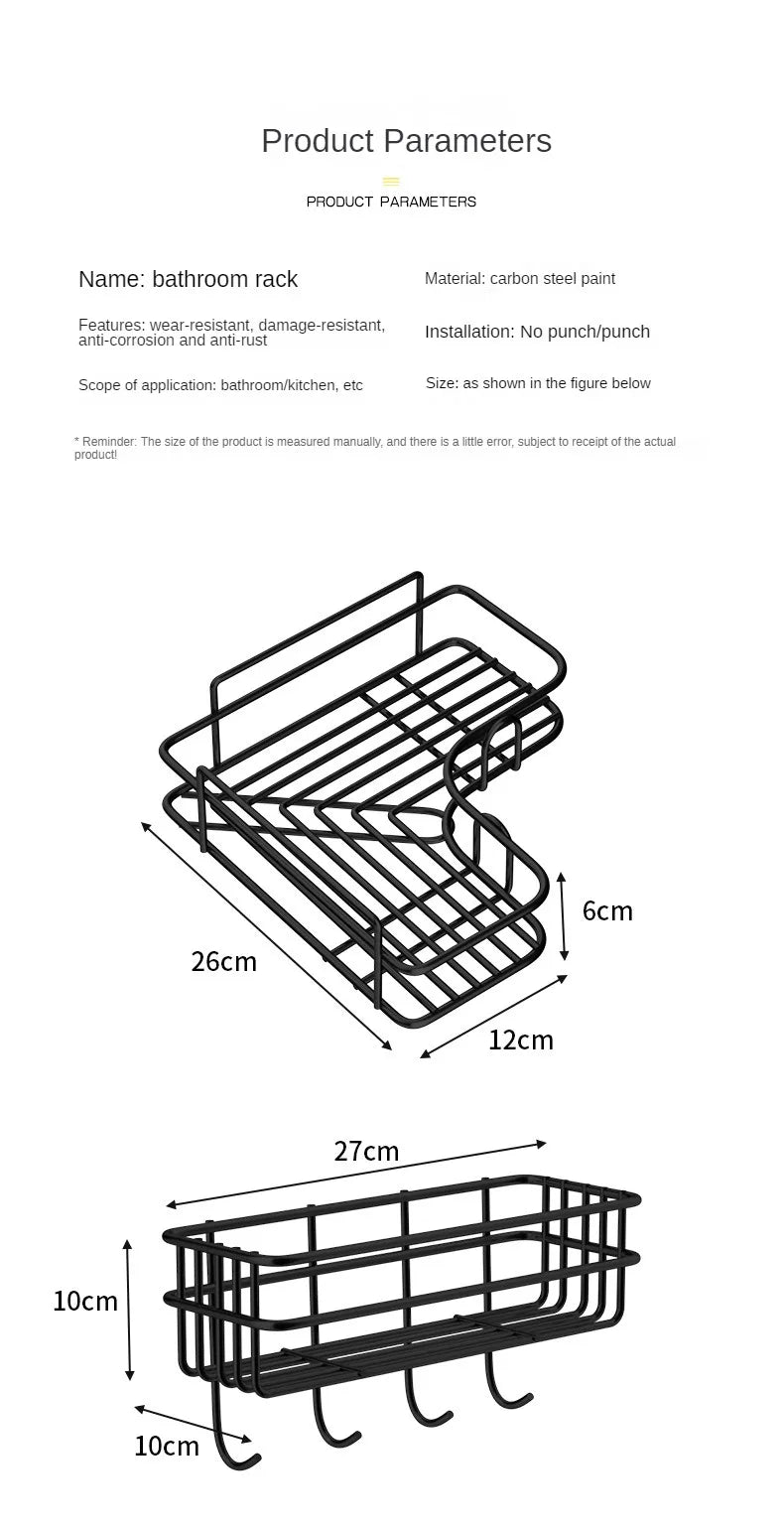 Półka łazienkowa bez wiercenia, montowana na ścianie, narożna, półka do przechowywania, materiał ze stali węglowej, koszyk na odpływ prysznica, organizer łazienkowy